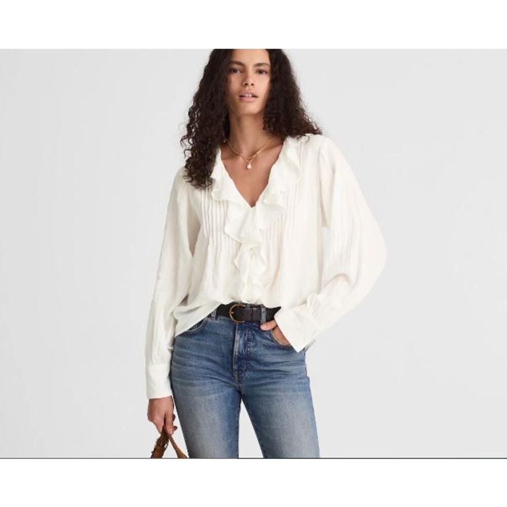 Madewell Cream Ruffle-Front Long-Sleeve Blouse